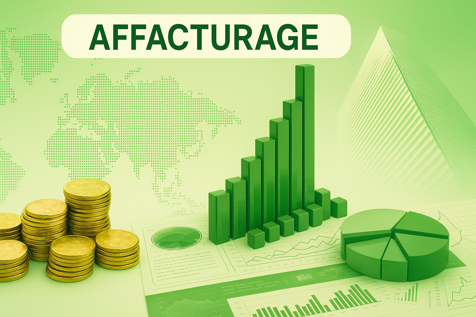 Affacturage : graphiques financiers et pièces, skyline d'entreprises