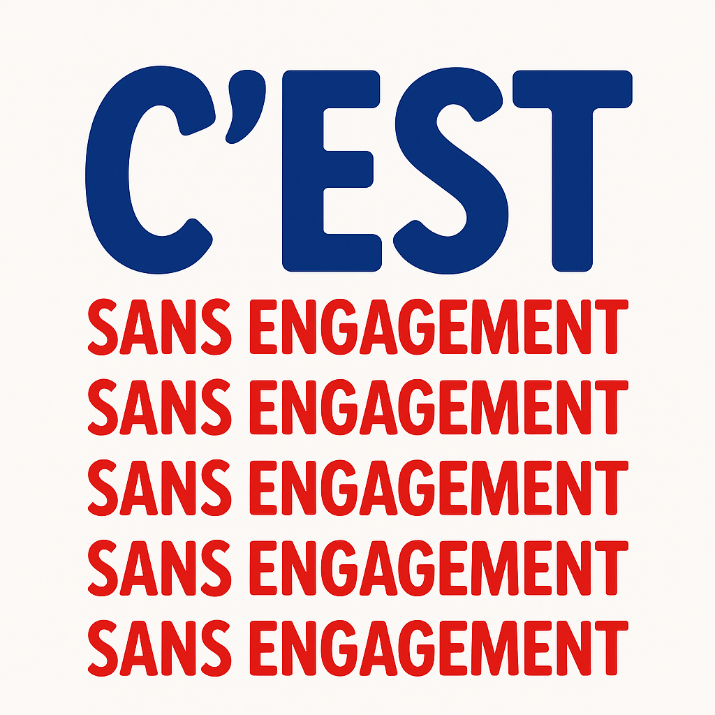 Texte Sans engagement répété en rouge et bleu